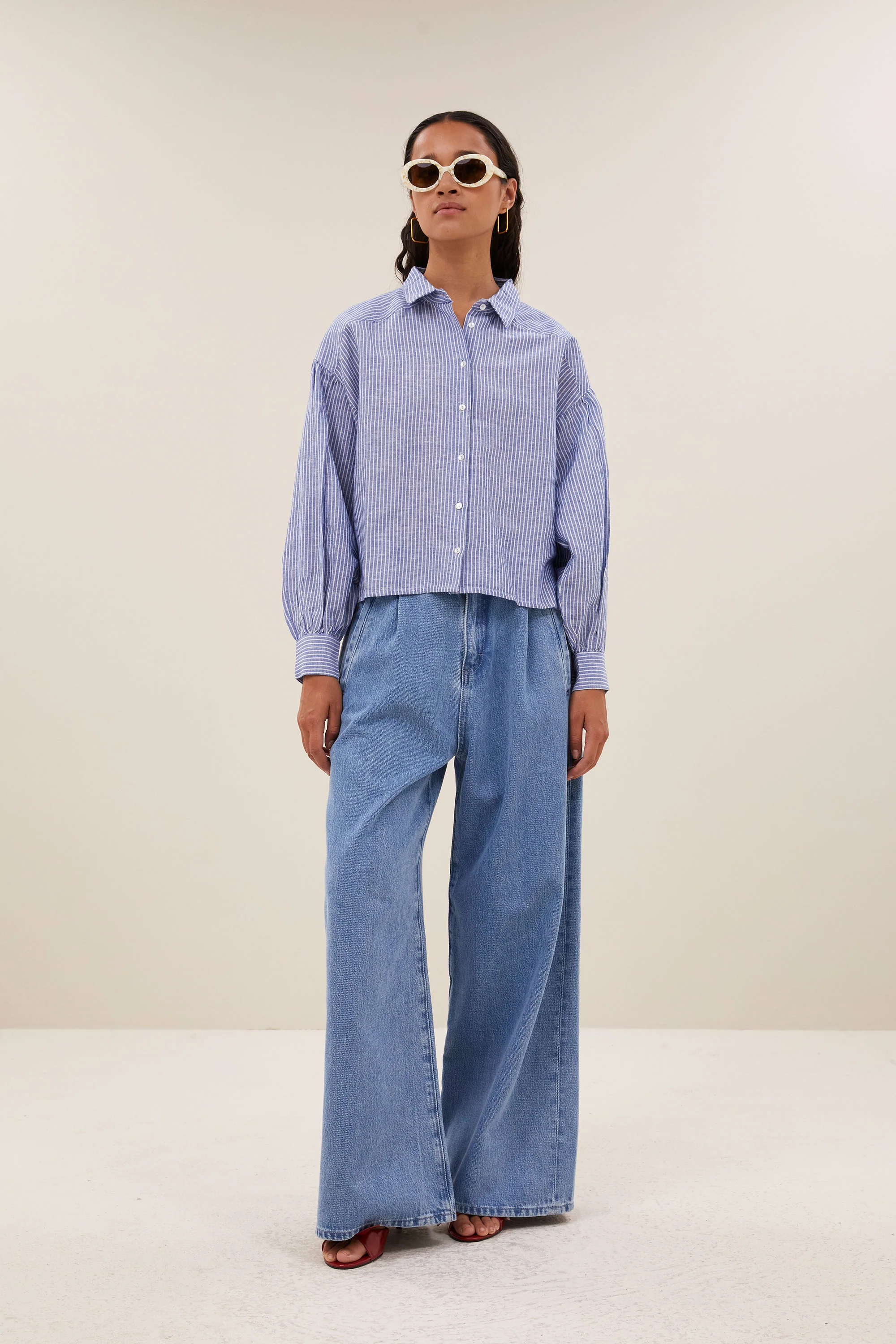 sarah short linen blouse | blue stripe - Image 3