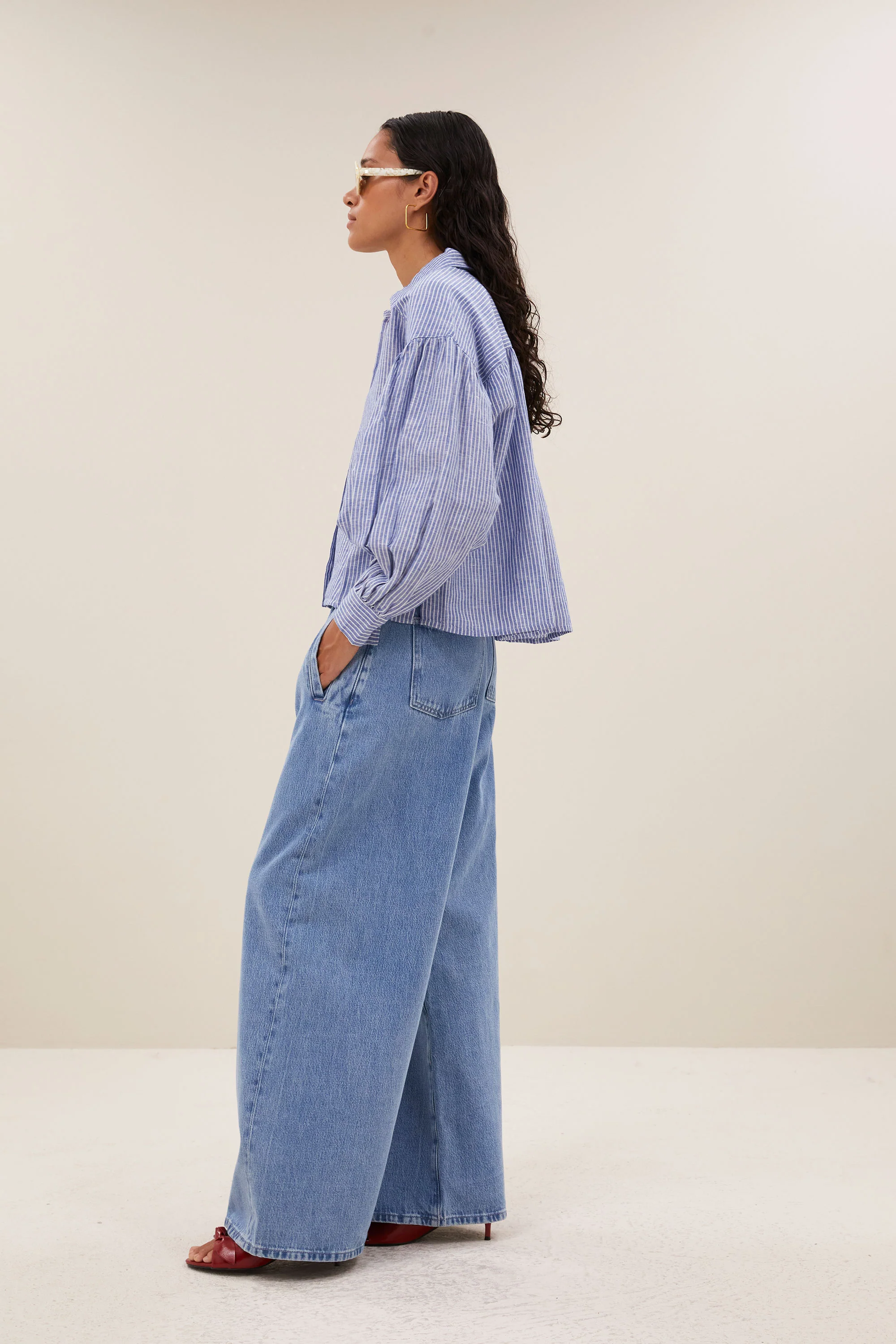 sarah short linen blouse | blue stripe - Image 4