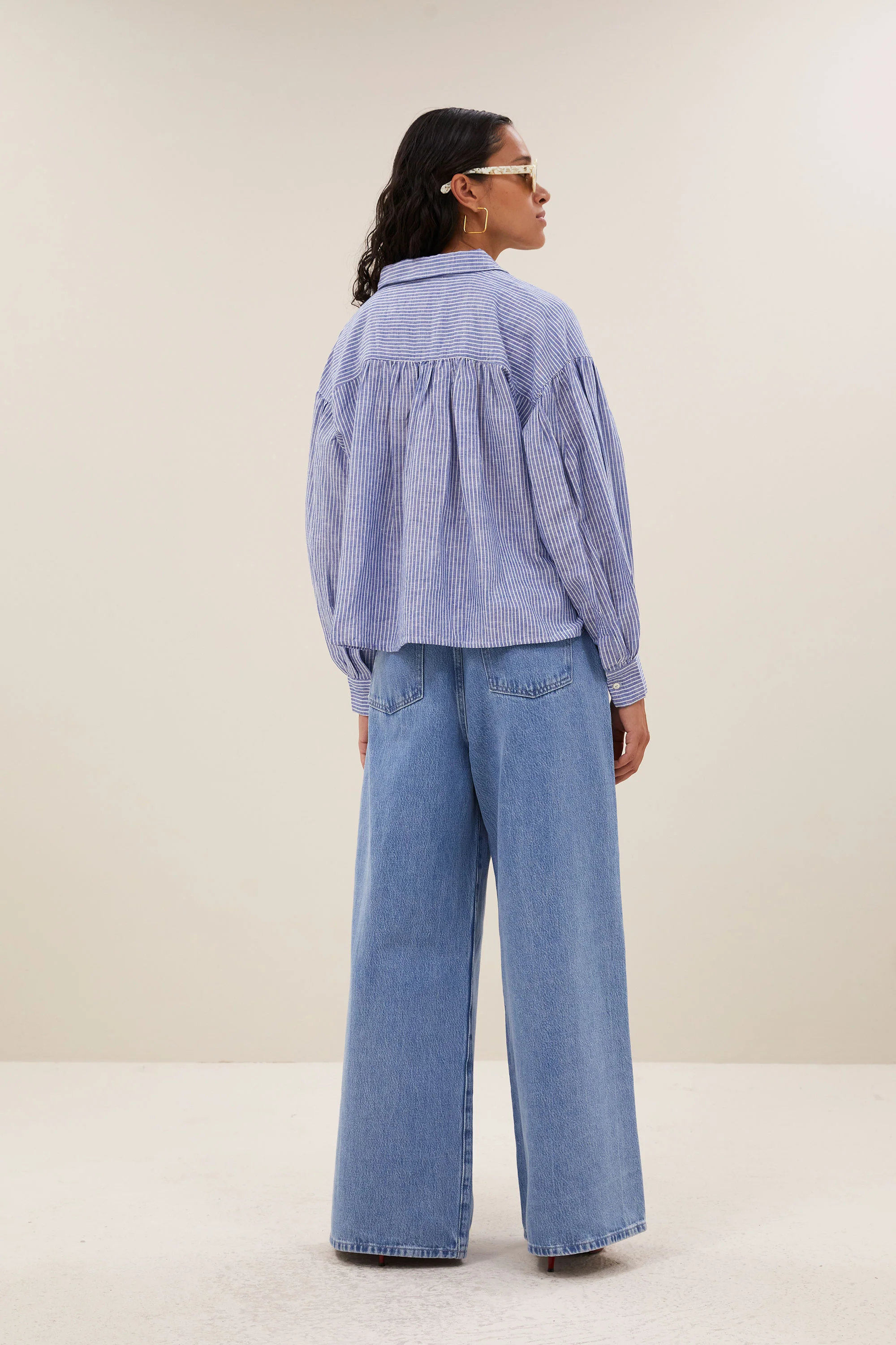 sarah short linen blouse | blue stripe - Image 5